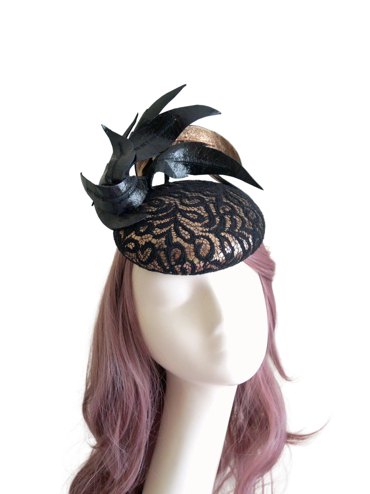 Rose Gold & Black Lace Leather Fascinator