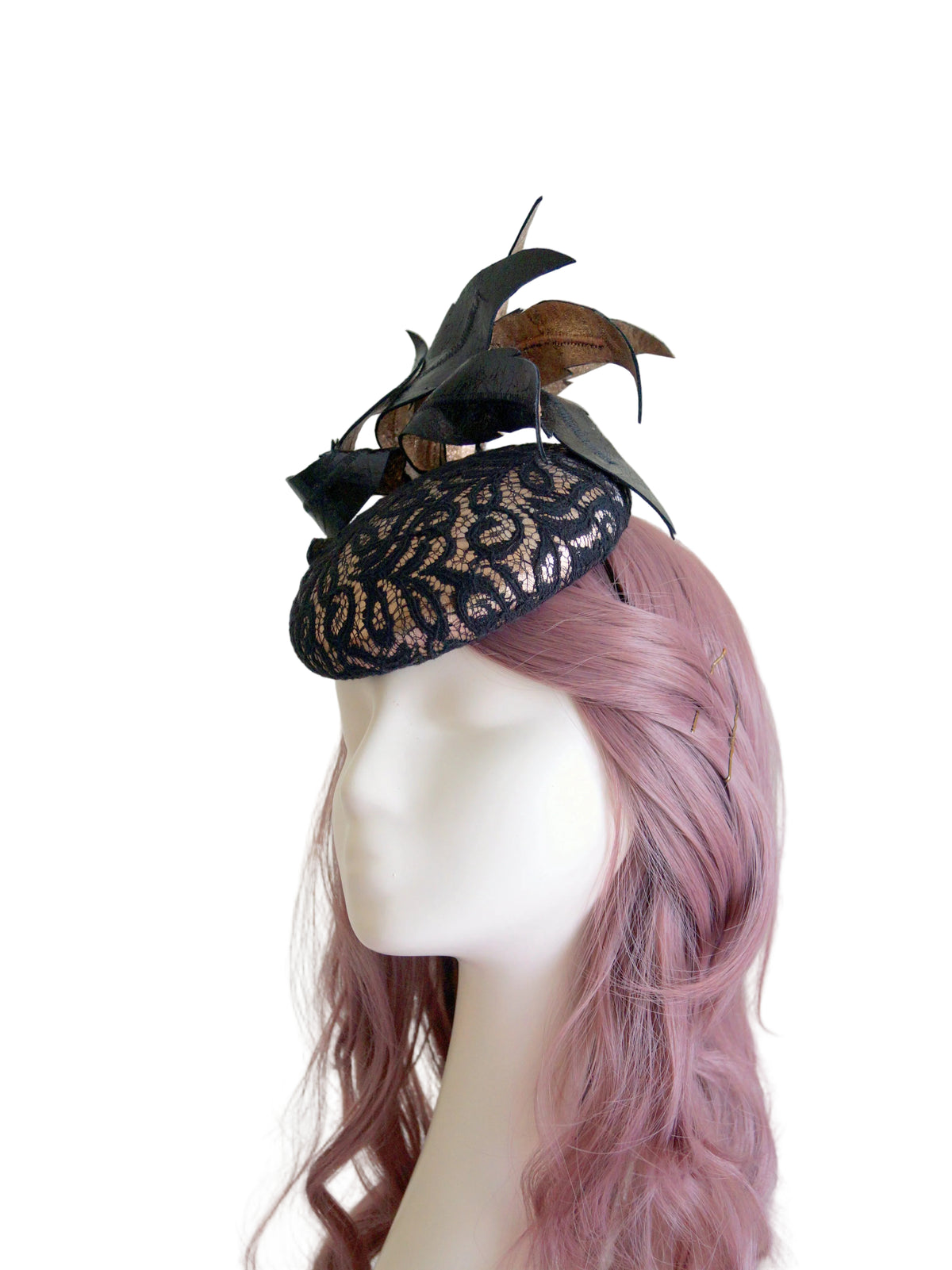 Rose Gold & Black Lace Leather Fascinator