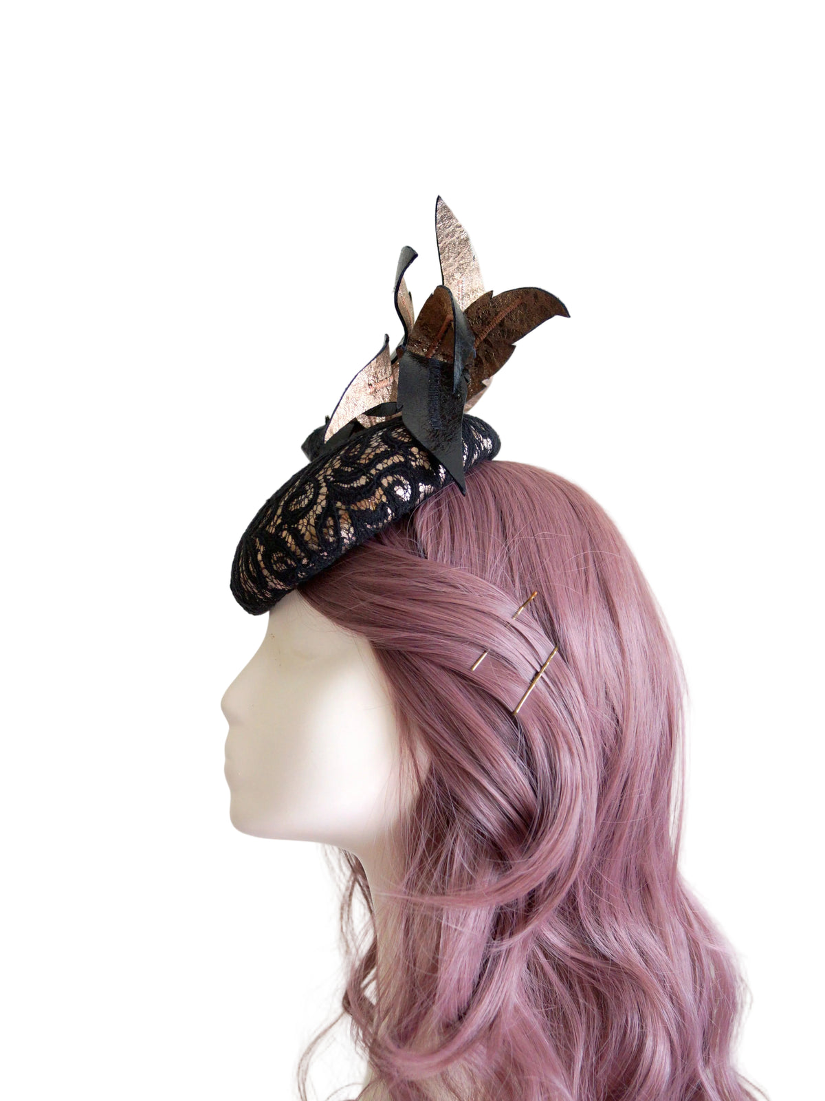 Rose Gold & Black Lace Leather Fascinator