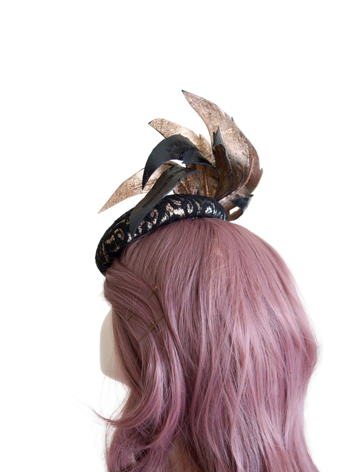 Rose Gold & Black Lace Leather Fascinator