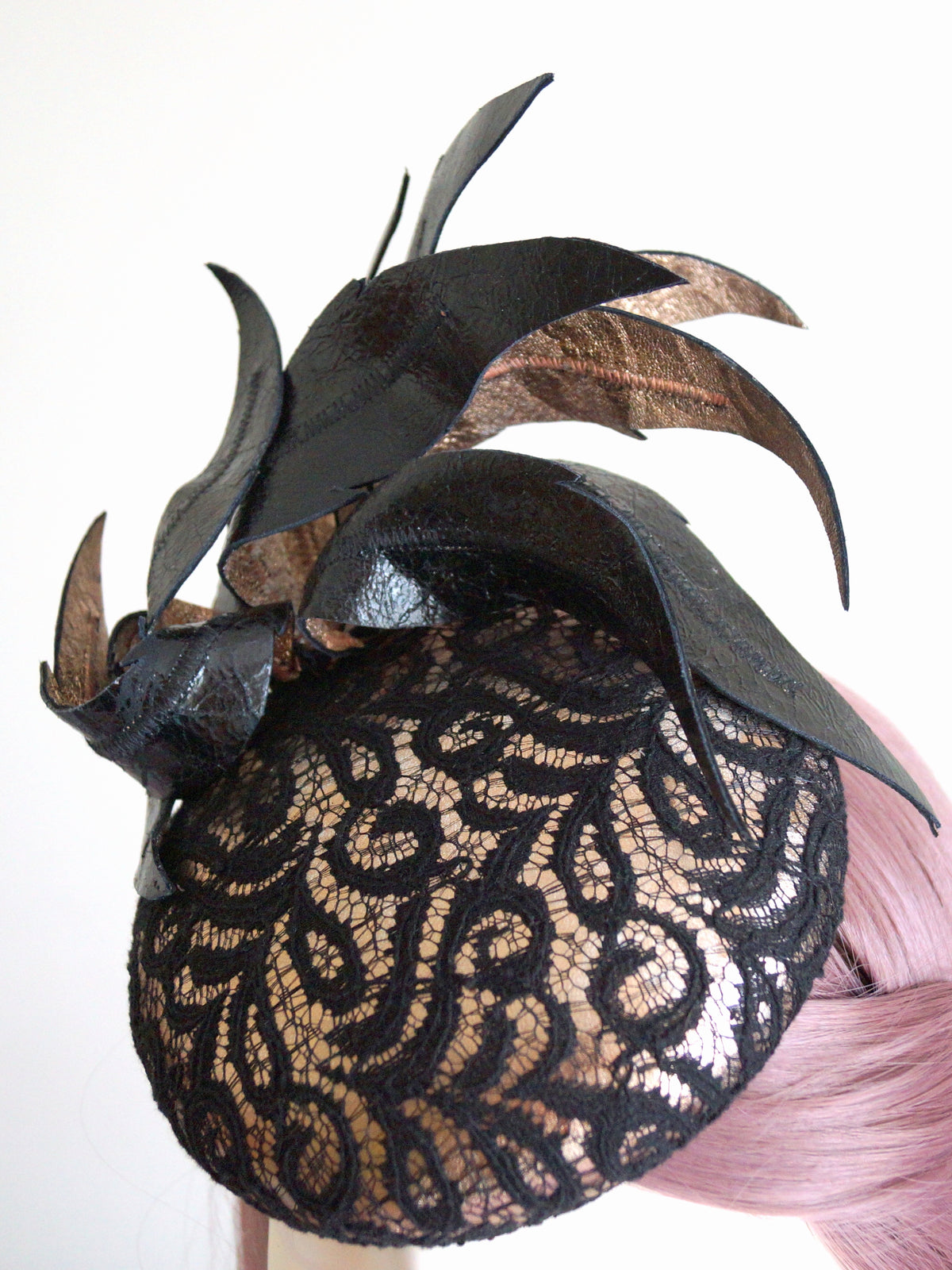 Rose Gold & Black Lace Leather Fascinator