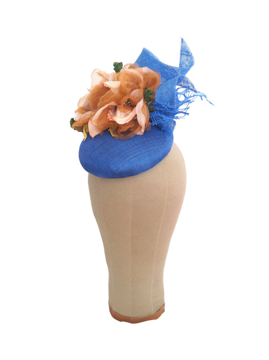 Royal Blue Sinamay Hat with Beige & Brown Magnolia Flowers | One of a Kind