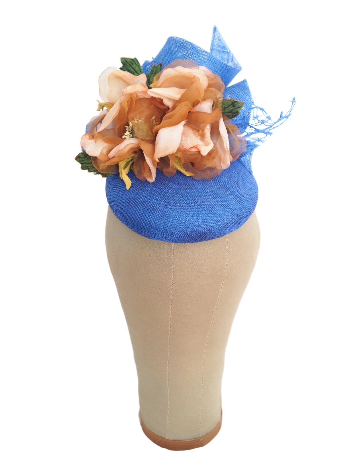 Royal Blue Sinamay Hat with Beige & Brown Magnolia Flowers | One of a Kind