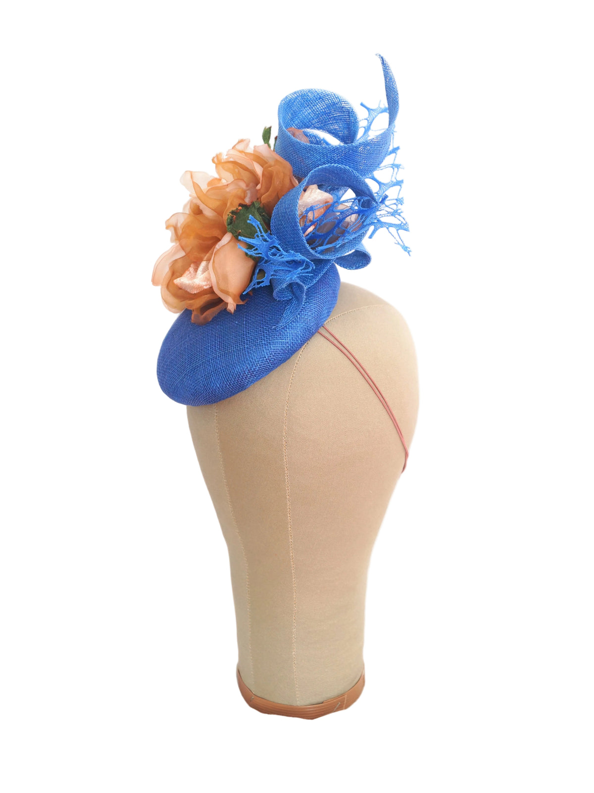 Royal Blue Sinamay Hat with Beige & Brown Magnolia Flowers | One of a Kind