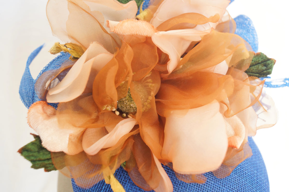 Royal Blue Sinamay Hat with Beige & Brown Magnolia Flowers | One of a Kind