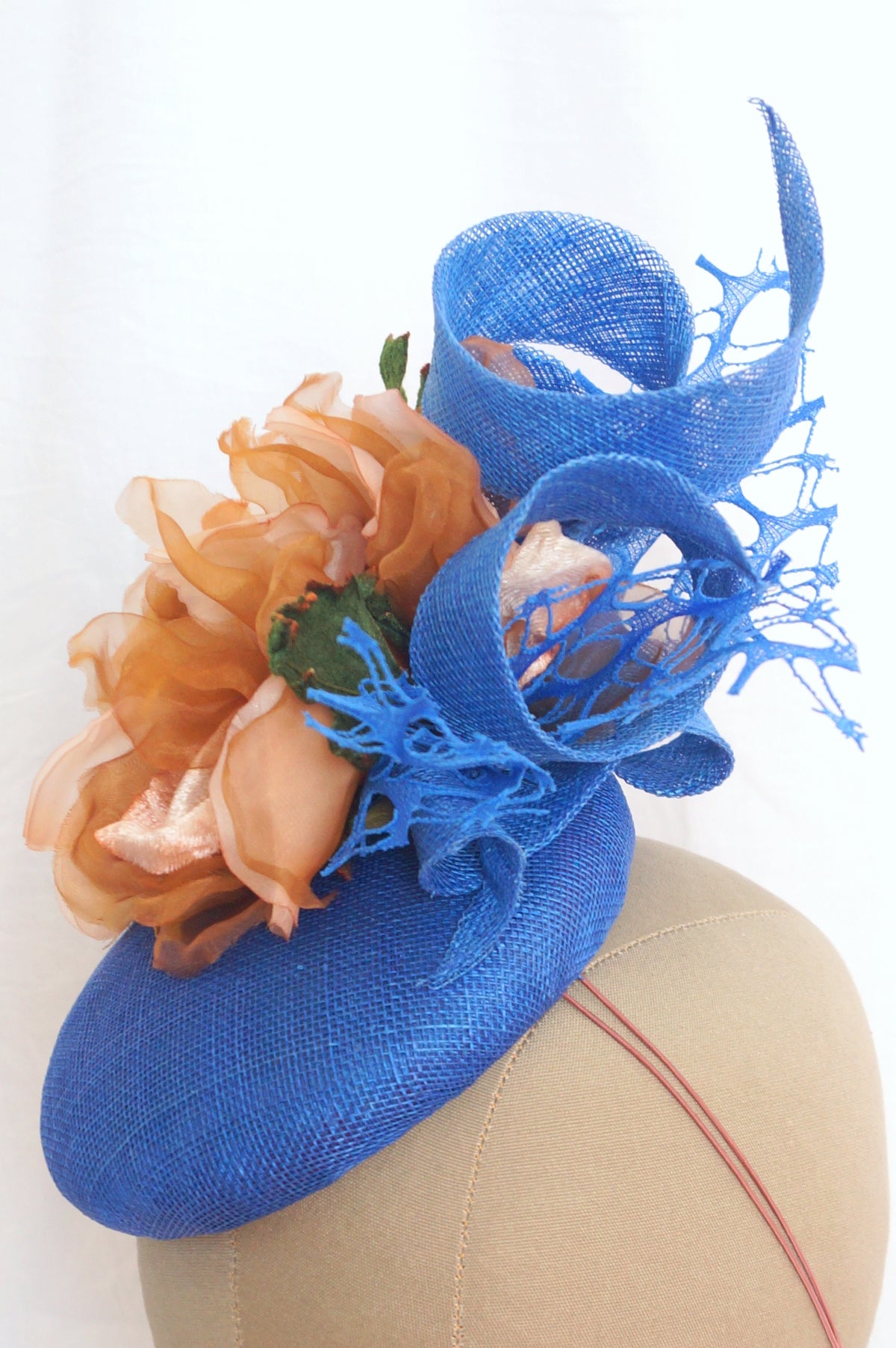 Royal Blue Sinamay Hat with Beige & Brown Magnolia Flowers | One of a Kind