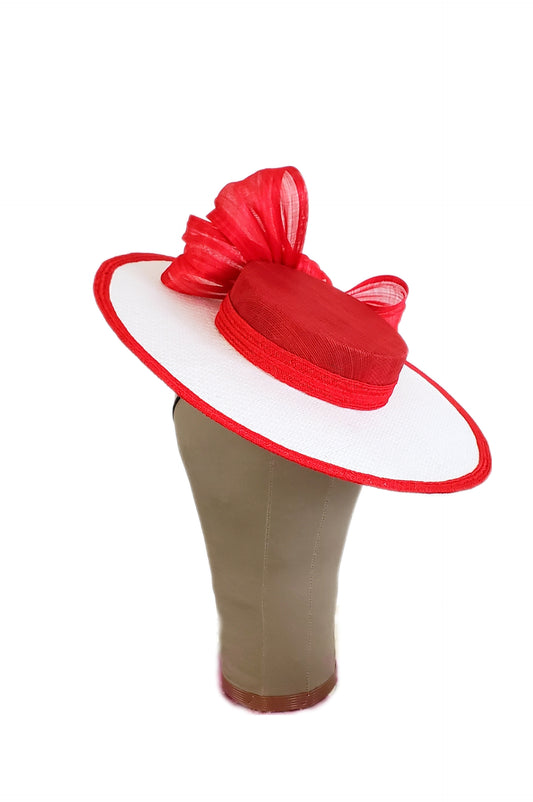 White Red Bow Boater Hat - Handmade in Australia