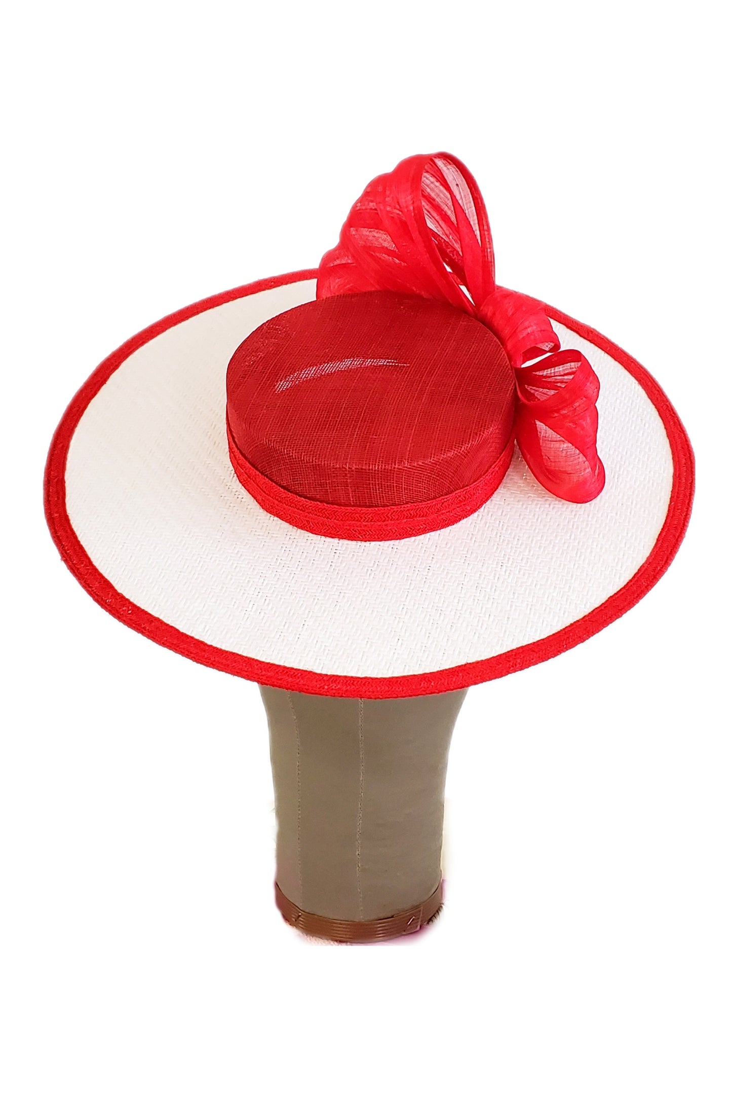 White Red Bow Boater Hat - Handmade in Australia